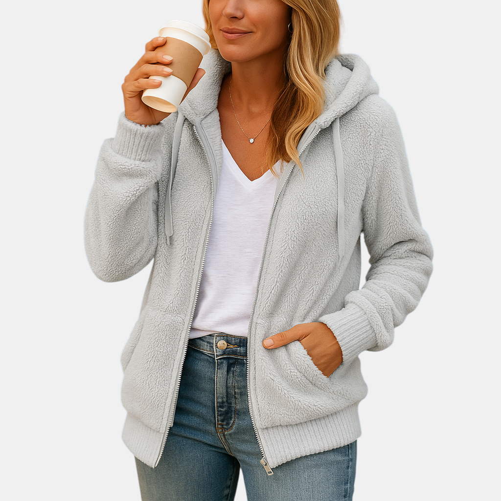Lang fleece damesvest met capuchon en open voorkant, perfect voor herfstlagen, loungen of casual gebruik