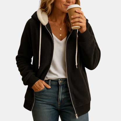 Lang fleece damesvest met capuchon en open voorkant, perfect voor herfstlagen, loungen of casual gebruik