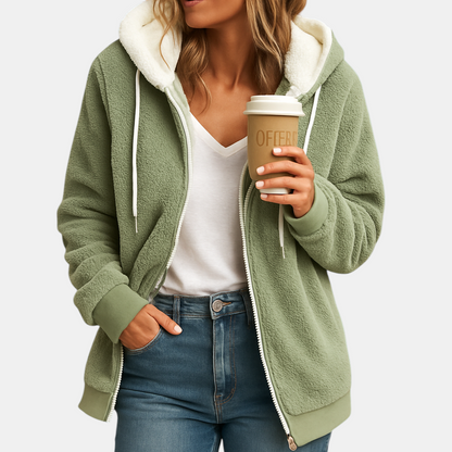 Lang fleece damesvest met capuchon en open voorkant, perfect voor herfstlagen, loungen of casual gebruik