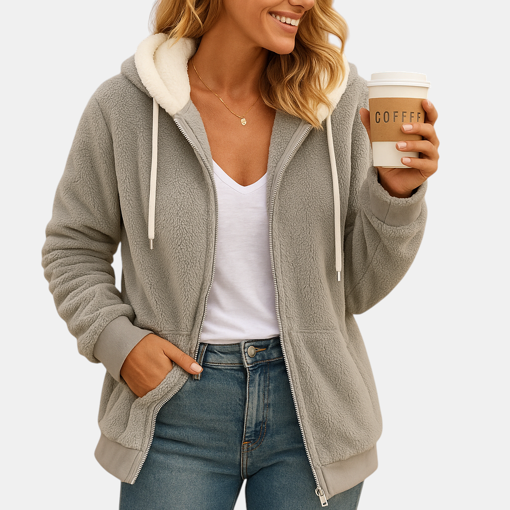 Lang fleece damesvest met capuchon en open voorkant, perfect voor herfstlagen, loungen of casual gebruik