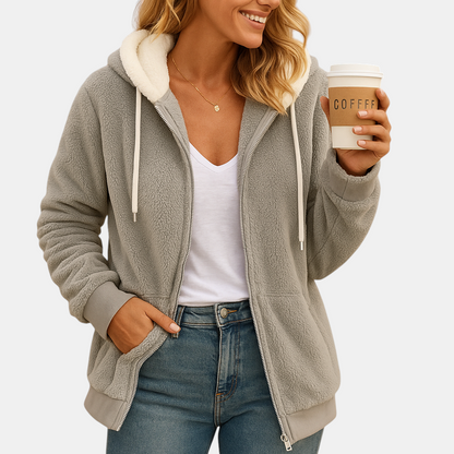 Lang fleece damesvest met capuchon en open voorkant, perfect voor herfstlagen, loungen of casual gebruik