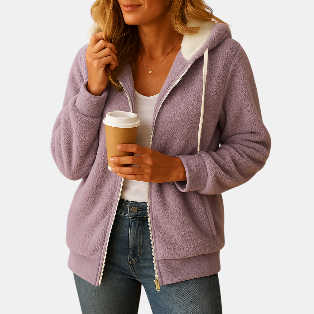 Lang fleece damesvest met capuchon en open voorkant, perfect voor herfstlagen, loungen of casual gebruik