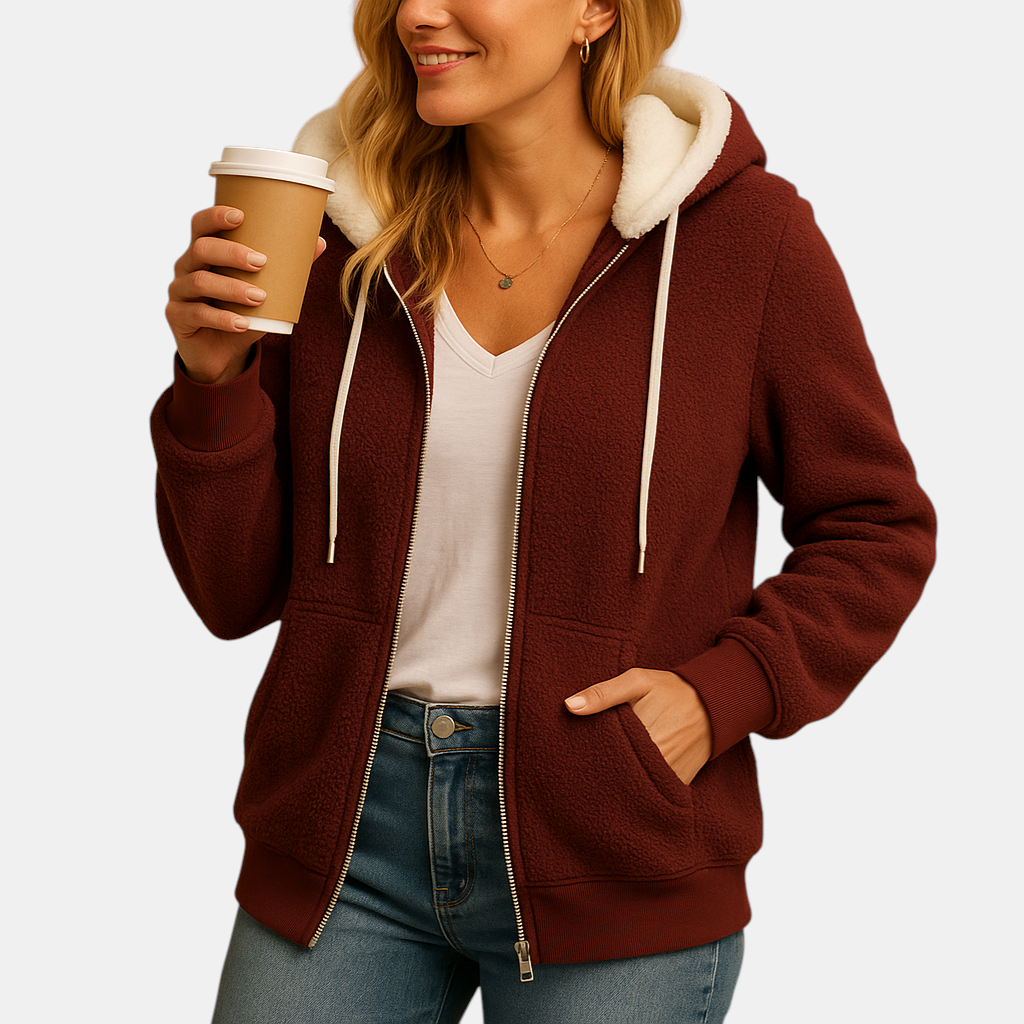 Lang fleece damesvest met capuchon en open voorkant, perfect voor herfstlagen, loungen of casual gebruik