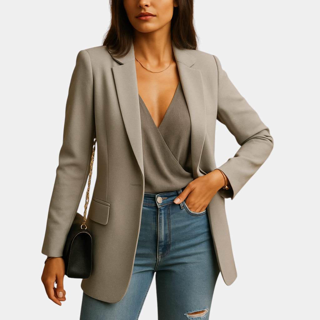 Elegante lange blazer voor dames met verlengend silhouet en luxe pasvorm, geschikt voor werk, casual en formele gelegenheden.
