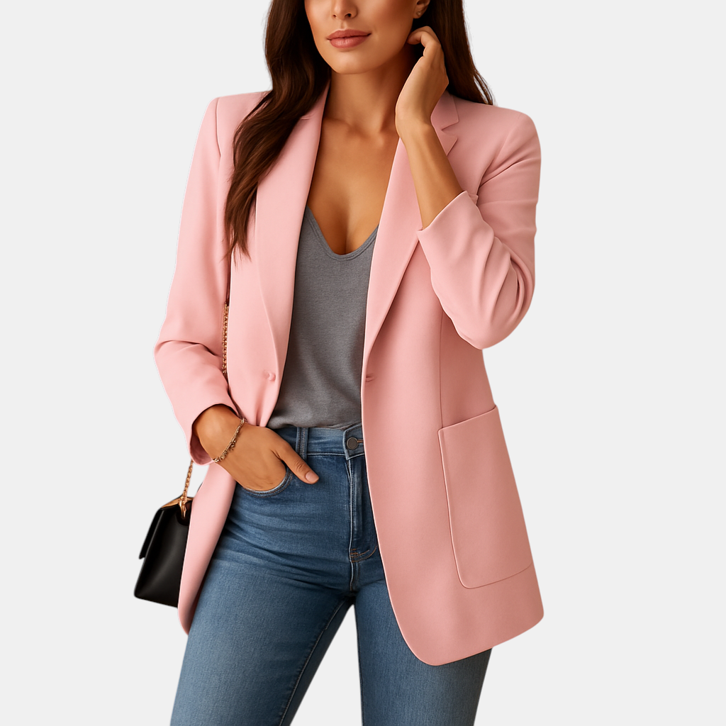 Elegante lange blazer voor dames met verlengend silhouet en luxe pasvorm, geschikt voor werk, casual en formele gelegenheden.