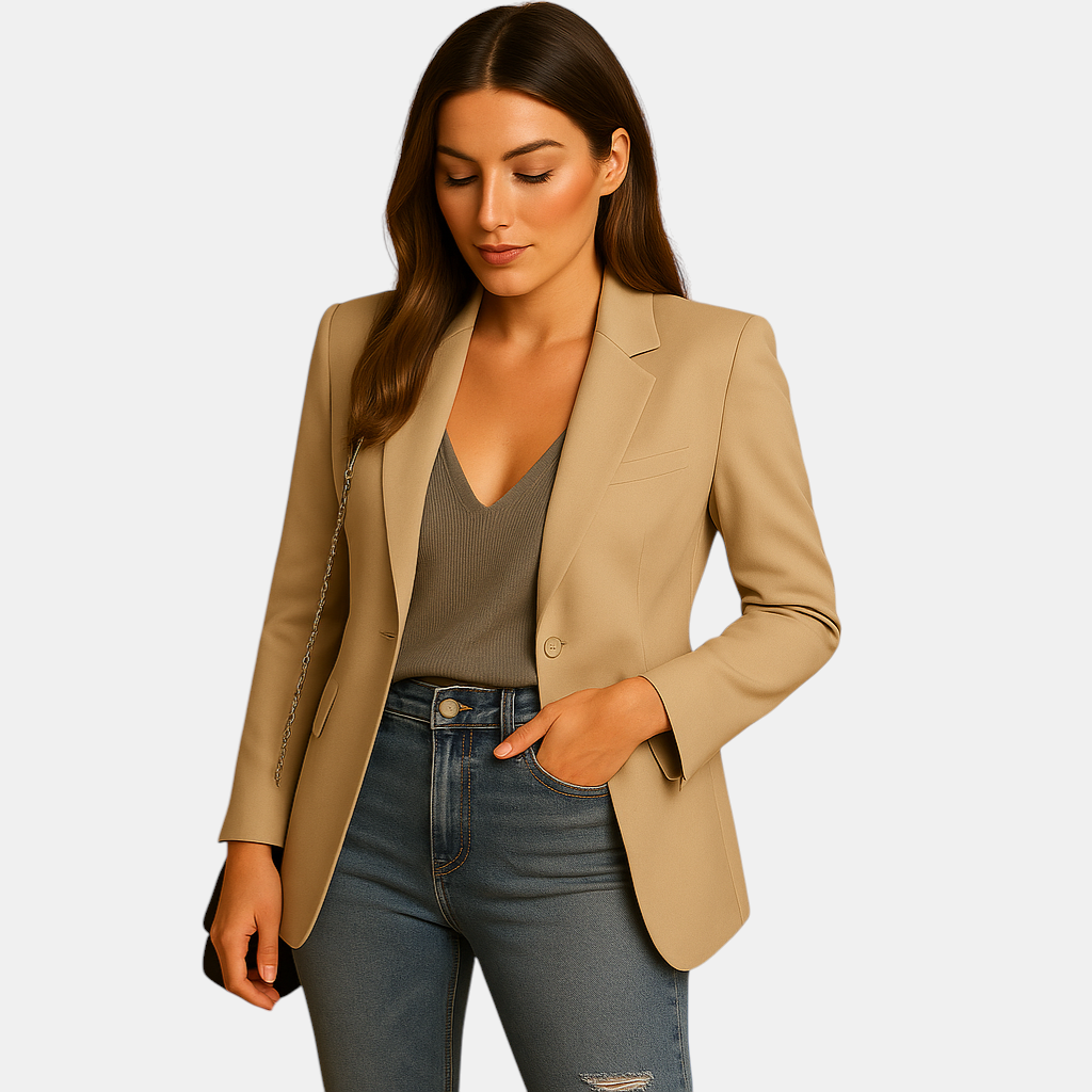 Elegante lange blazer voor dames met verlengend silhouet en luxe pasvorm, geschikt voor werk, casual en formele gelegenheden.