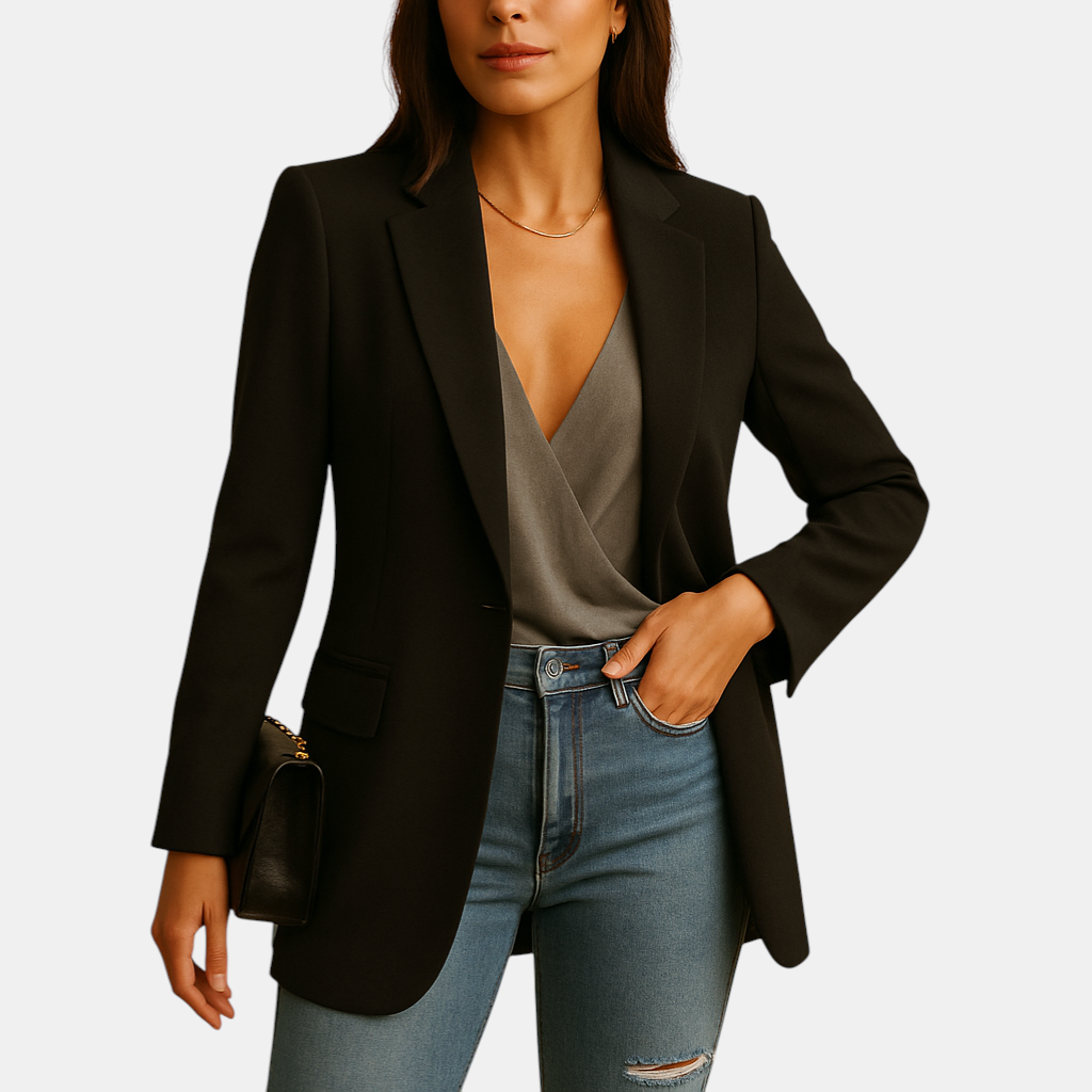 Elegante lange blazer voor dames met verlengend silhouet en luxe pasvorm, geschikt voor werk, casual en formele gelegenheden.
