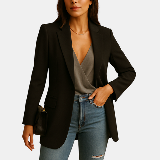 Elegante lange blazer voor dames met verlengend silhouet en luxe pasvorm, geschikt voor werk, casual en formele gelegenheden.