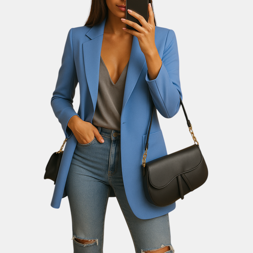 Elegante lange blazer voor dames met verlengend silhouet en luxe pasvorm, geschikt voor werk, casual en formele gelegenheden.