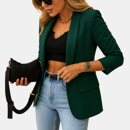 Lange elegante blazer voor dames in klassiek zwart, ideaal voor kantoor en zakelijke gelegenheden.
