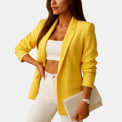 Lange elegante blazer voor dames in klassiek zwart, ideaal voor kantoor en zakelijke gelegenheden.