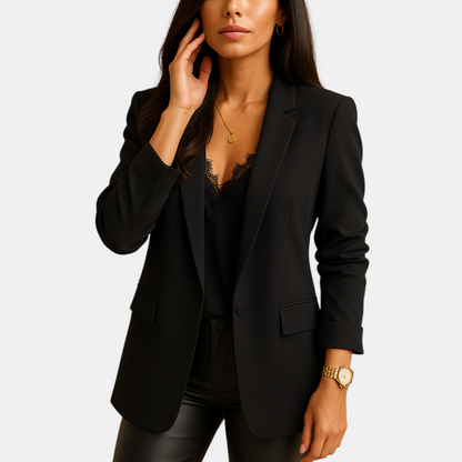 Lange elegante blazer voor dames in klassiek zwart, ideaal voor kantoor en zakelijke gelegenheden.