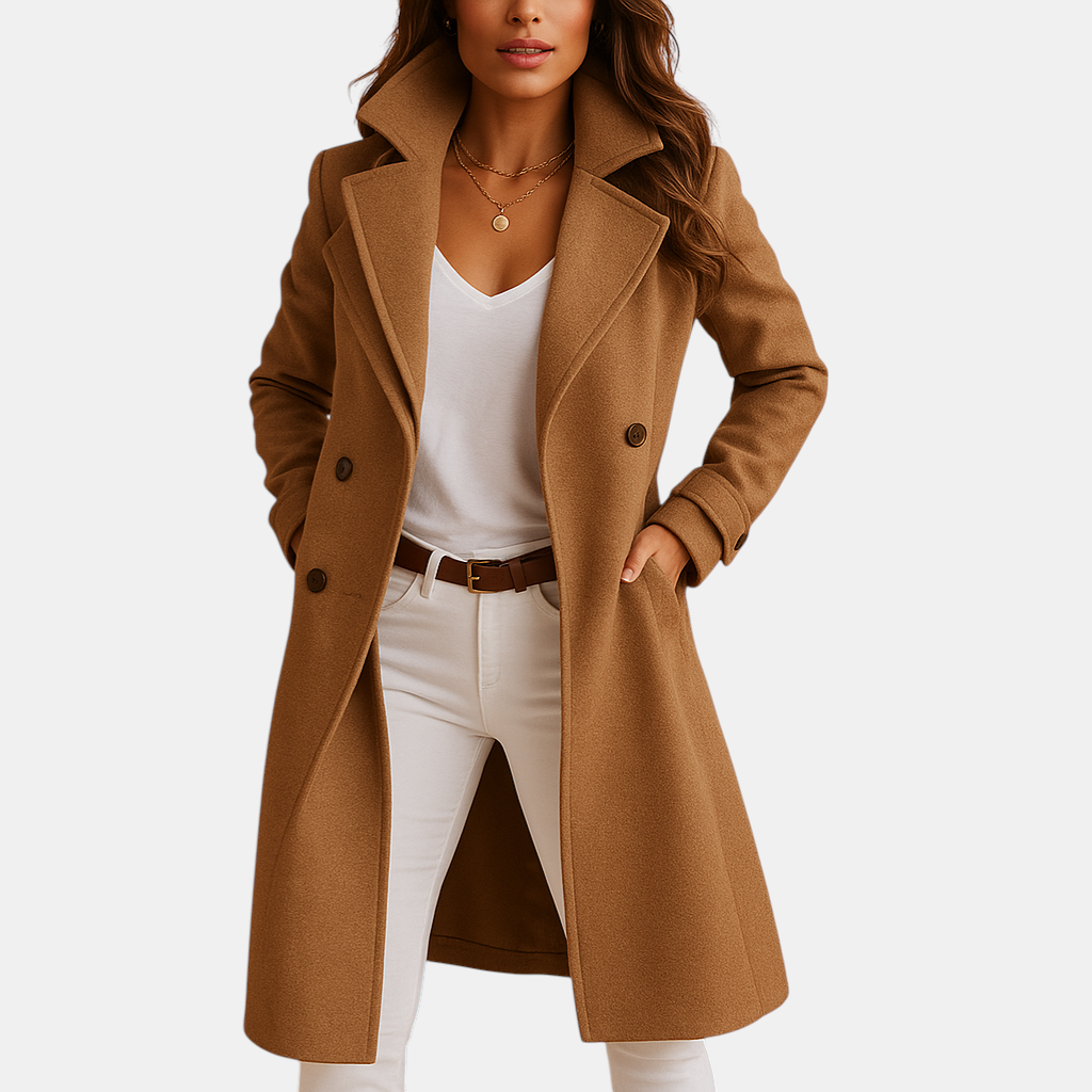 Lange elegante damesjas met knopen en klassieke kraag in grijs, donkergrijs, camel of zwart, perfect voor alle seizoenen.