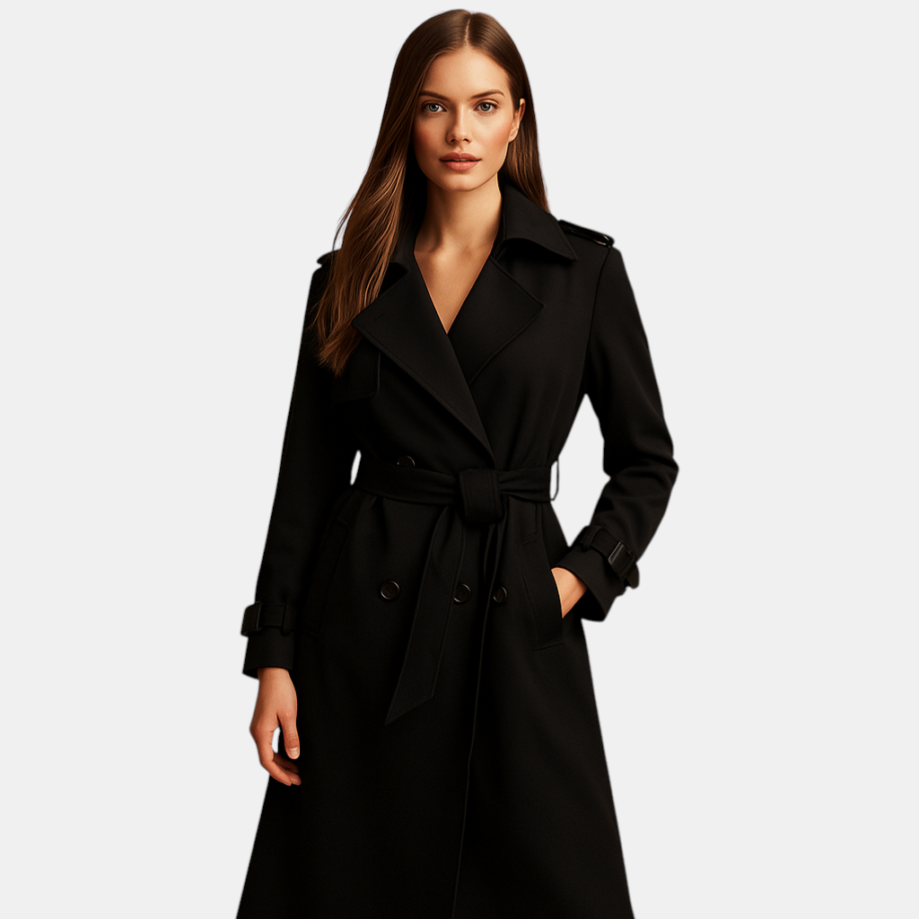 Lange elegante wintermantel voor dames met dubbele knoopsluiting en getailleerde pasvorm. Perfect voor formele gelegenheden, werk en winterse dagen.