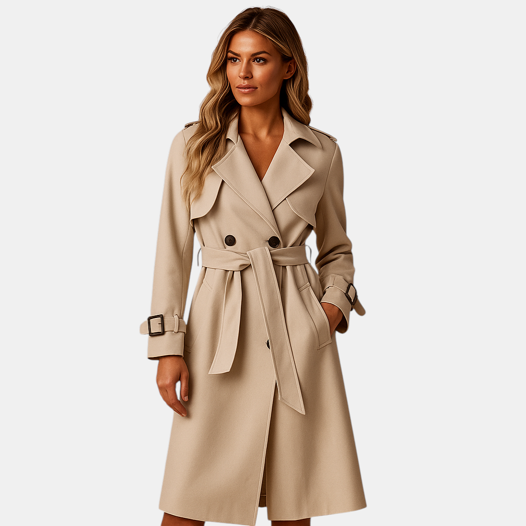 Lange elegante wintermantel voor dames met dubbele knoopsluiting en getailleerde pasvorm. Perfect voor formele gelegenheden, werk en winterse dagen.