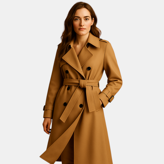 Lange elegante wintermantel voor dames met dubbele knoopsluiting en getailleerde pasvorm. Perfect voor formele gelegenheden, werk en winterse dagen.
