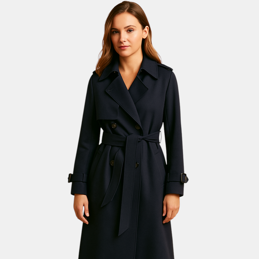 Lange elegante wintermantel voor dames met dubbele knoopsluiting en getailleerde pasvorm. Perfect voor formele gelegenheden, werk en winterse dagen.