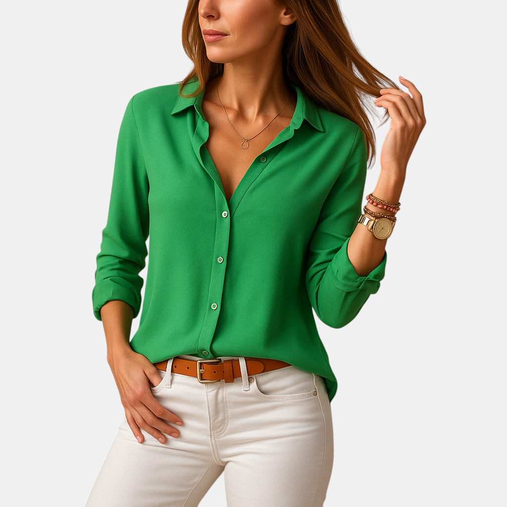 Dames blouse met lange mouwen, V-hals en knoopsluiting in een modern en verfijnd ontwerp, ideaal voor werk en casual gelegenheden.
