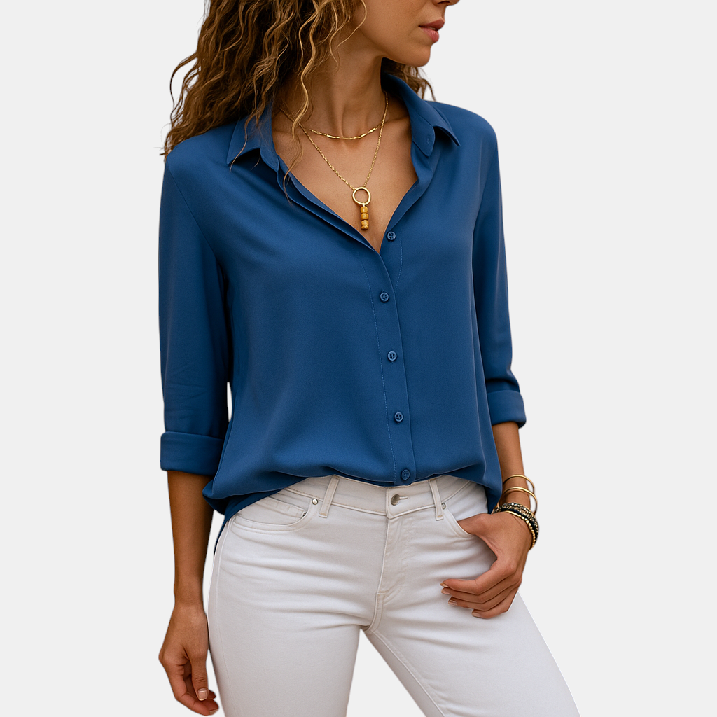 Dames blouse met lange mouwen, V-hals en knoopsluiting in een modern en verfijnd ontwerp, ideaal voor werk en casual gelegenheden.