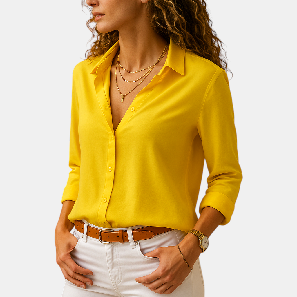 Dames blouse met lange mouwen, V-hals en knoopsluiting in een modern en verfijnd ontwerp, ideaal voor werk en casual gelegenheden.