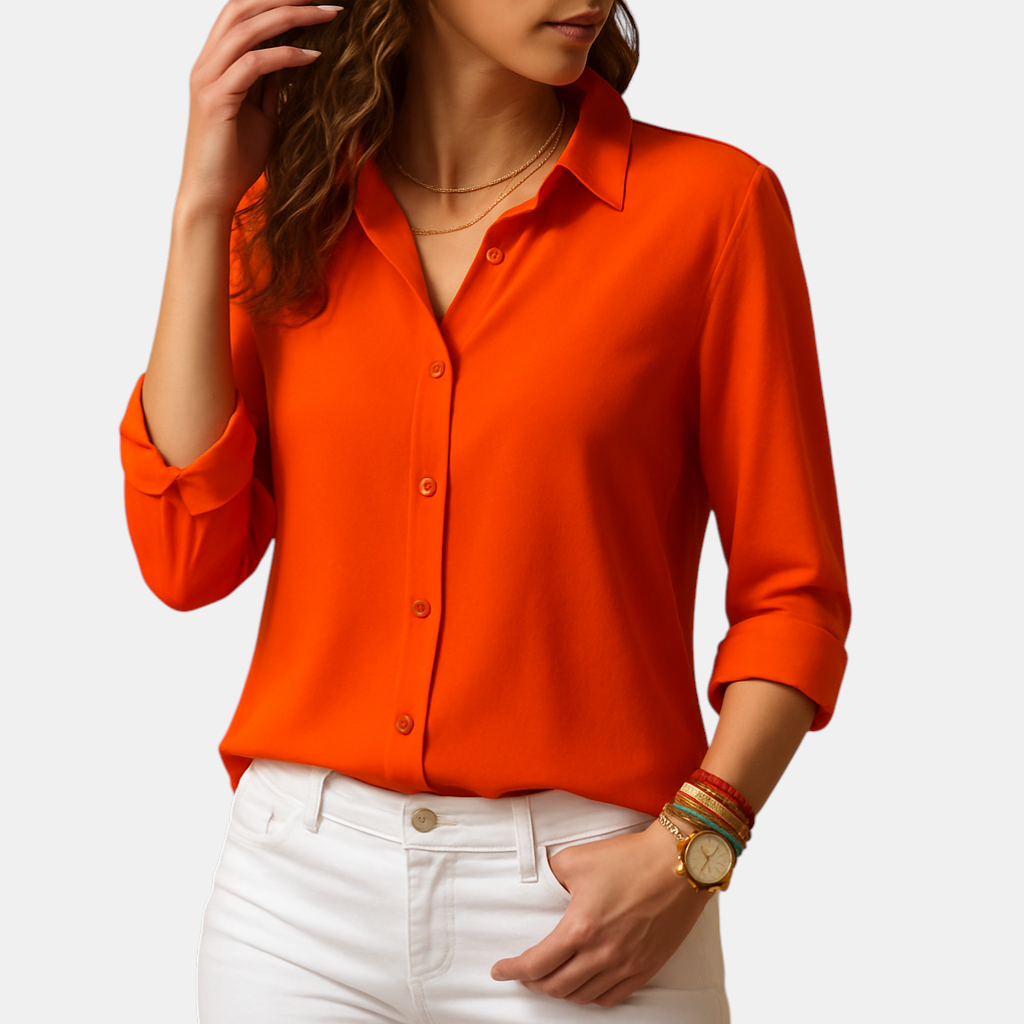Dames blouse met lange mouwen, V-hals en knoopsluiting in een modern en verfijnd ontwerp, ideaal voor werk en casual gelegenheden.