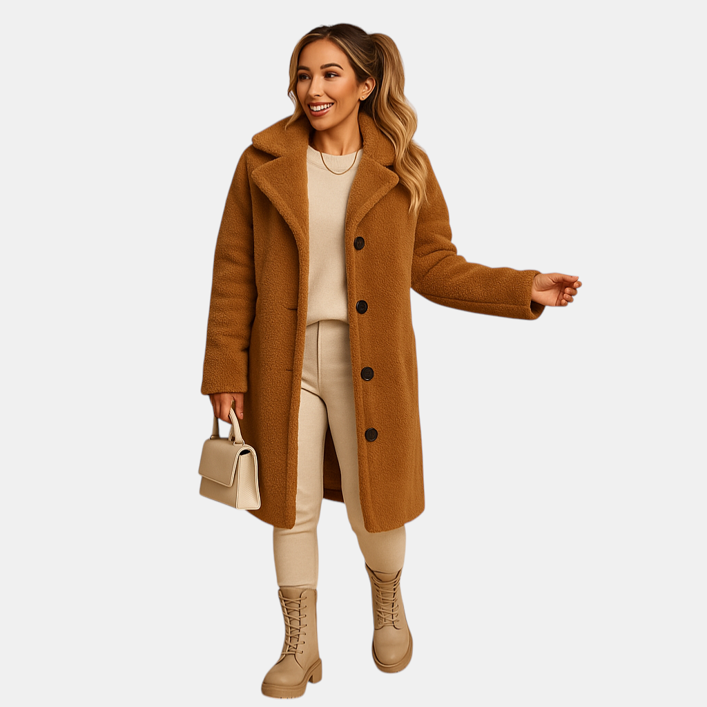 Lange teddy jas in beige voor dames van ultrazacht materiaal met elegante pasvorm, perfect voor stijlvolle en warme winterdagen.