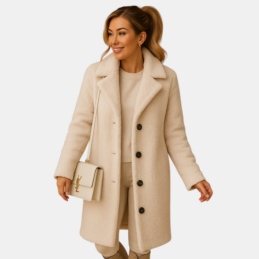 Lange teddy jas in beige voor dames van ultrazacht materiaal met elegante pasvorm, perfect voor stijlvolle en warme winterdagen.