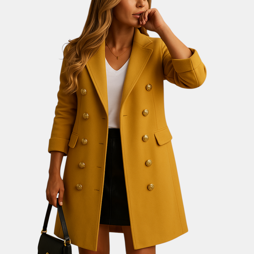 Lange trenchcoat met ceintuur voor dames in zwart of geel. Tijdloos design met dubbele knopenrij en tailleaccent. Perfect voor elke gelegenheid.