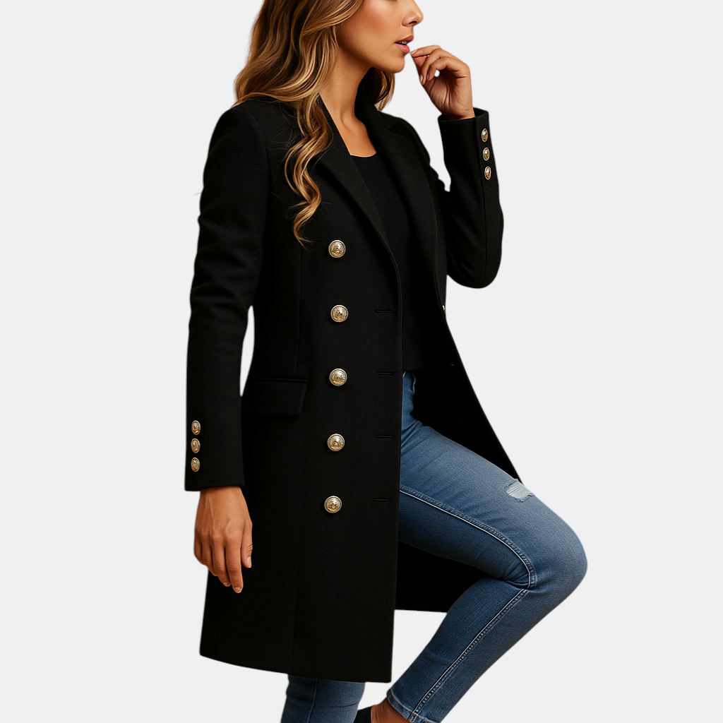 Lange trenchcoat met ceintuur voor dames in zwart of geel. Tijdloos design met dubbele knopenrij en tailleaccent. Perfect voor elke gelegenheid.
