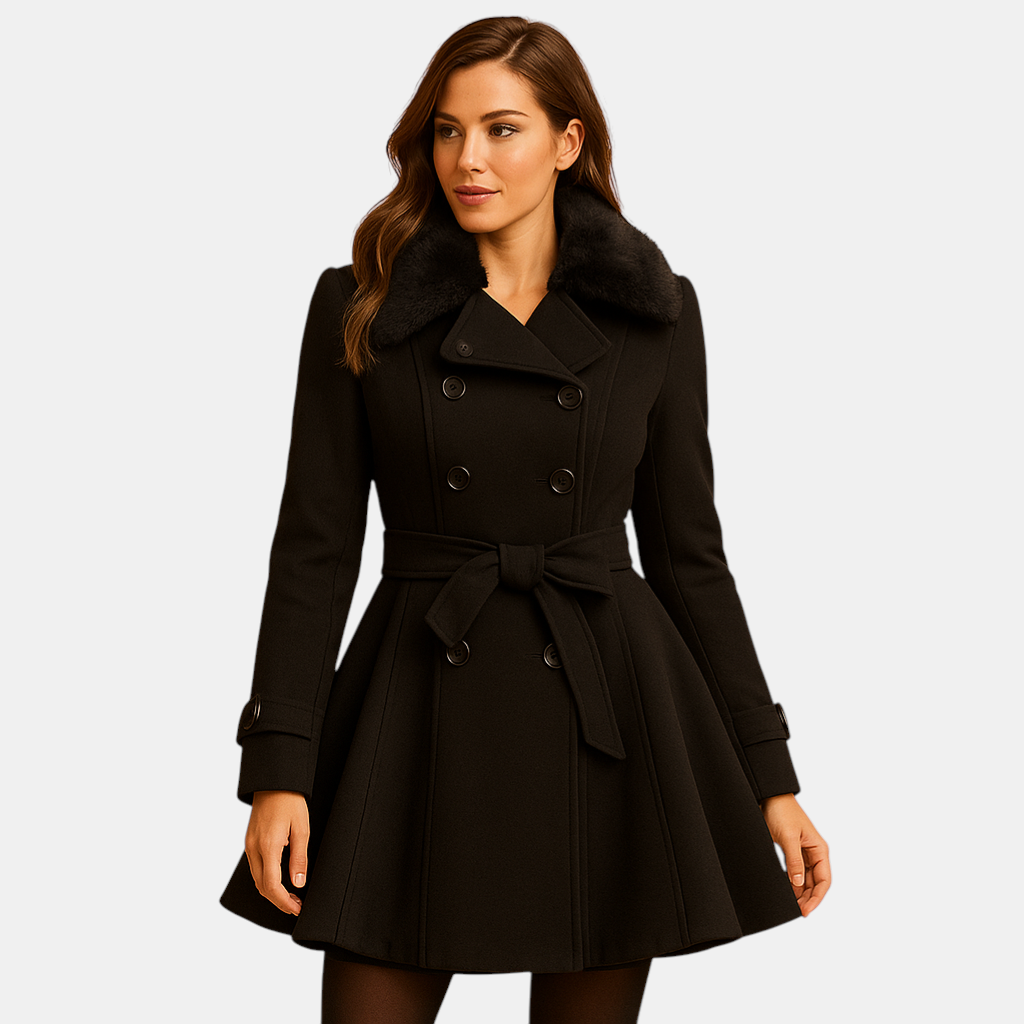 Lange winterjas voor dames met imitatiebont kraag en flatterend silhouet. Warm, stijlvol en ideaal voor dagelijks gebruik en bijzondere gelegenheden.