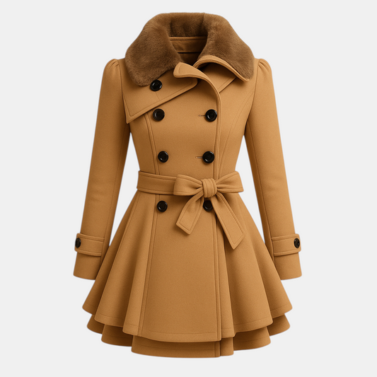 Lange winterjas voor dames met imitatiebont kraag en flatterend silhouet. Warm, stijlvol en ideaal voor dagelijks gebruik en bijzondere gelegenheden.