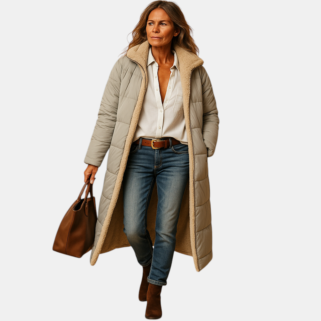 Lange winterjas voor dames in zwart, beige of donkerblauw, met moderne snit en warme isolatie voor koude dagen.
