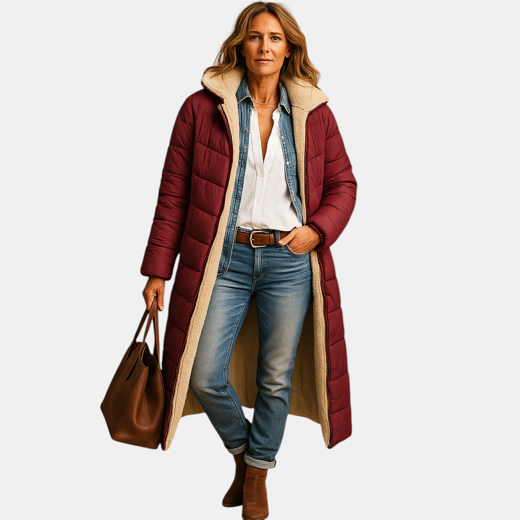 Lange winterjas voor dames in zwart, beige of donkerblauw, met moderne snit en warme isolatie voor koude dagen.