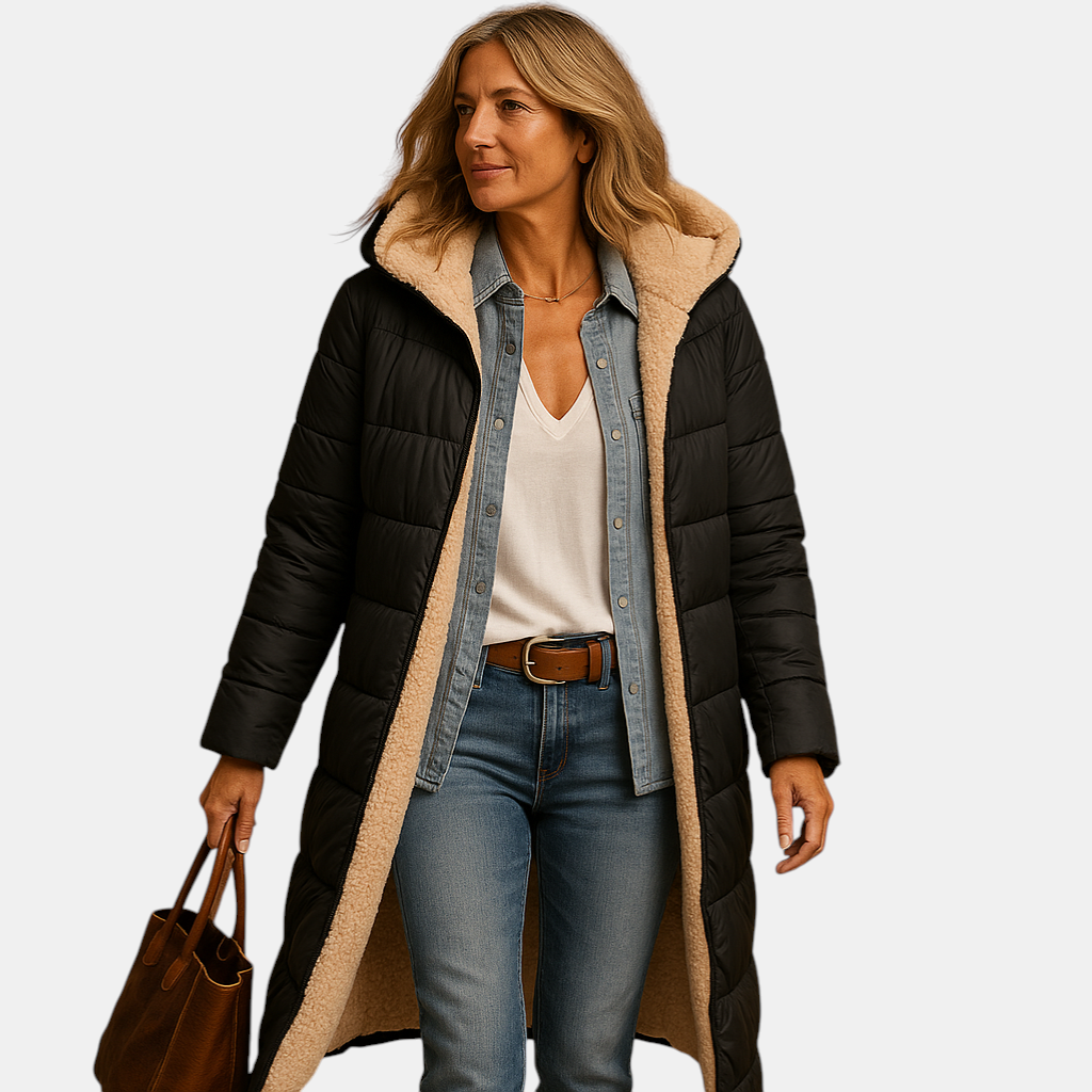 Lange winterjas voor dames in zwart, beige of donkerblauw, met moderne snit en warme isolatie voor koude dagen.