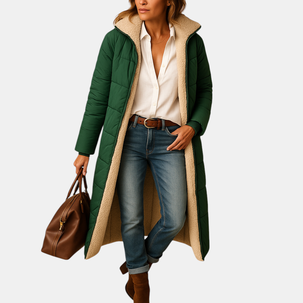 Lange winterjas voor dames in zwart, beige of donkerblauw, met moderne snit en warme isolatie voor koude dagen.