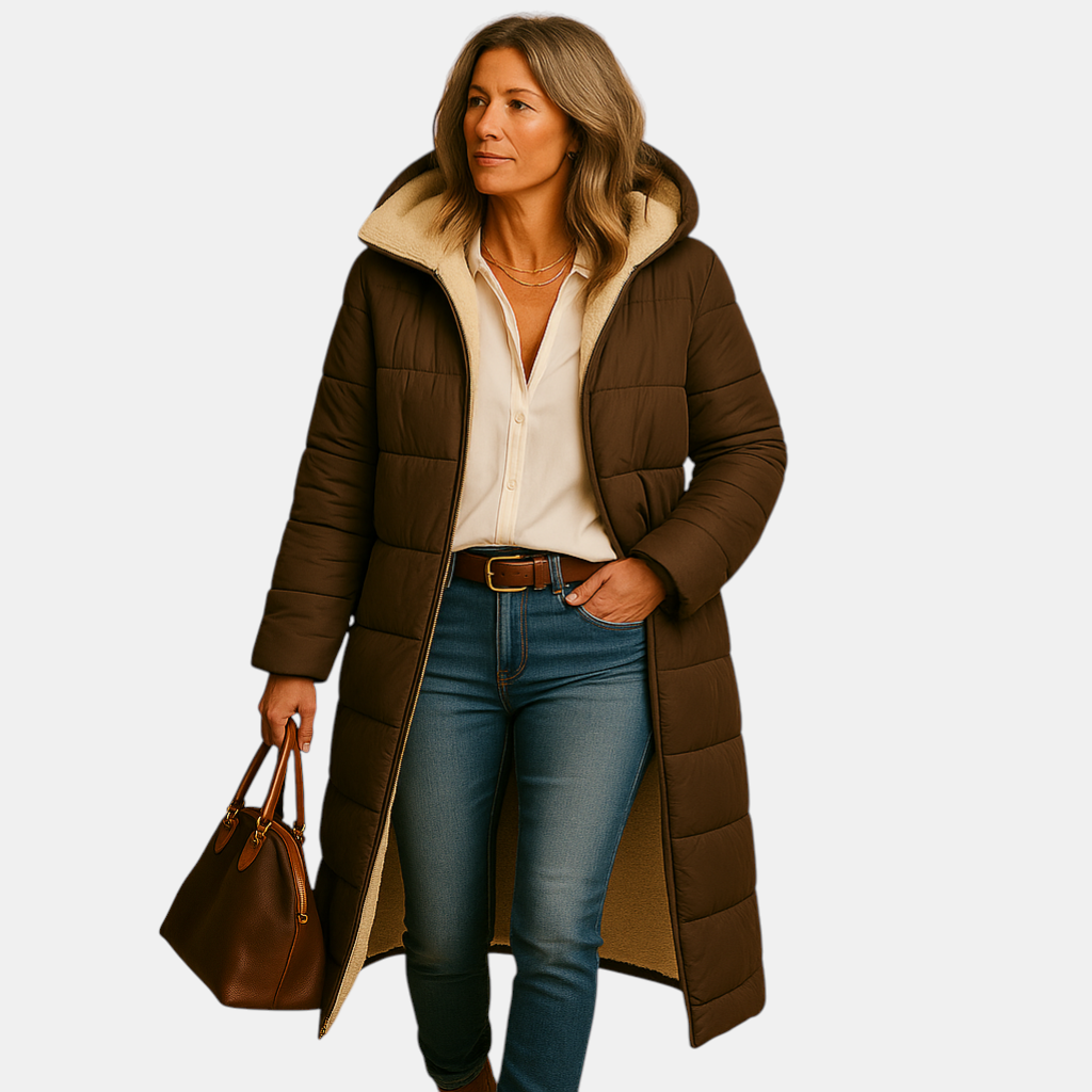 Lange winterjas voor dames in zwart, beige of donkerblauw, met moderne snit en warme isolatie voor koude dagen.