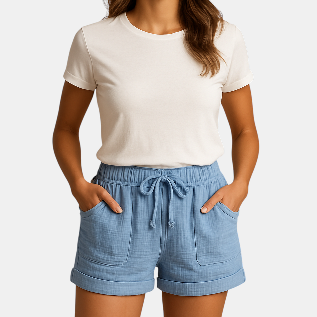 Dames zomershorts met elastische tailleband en zakken, gemaakt van lichtgewicht materiaal voor comfortabel en stijlvol zomergebruik.