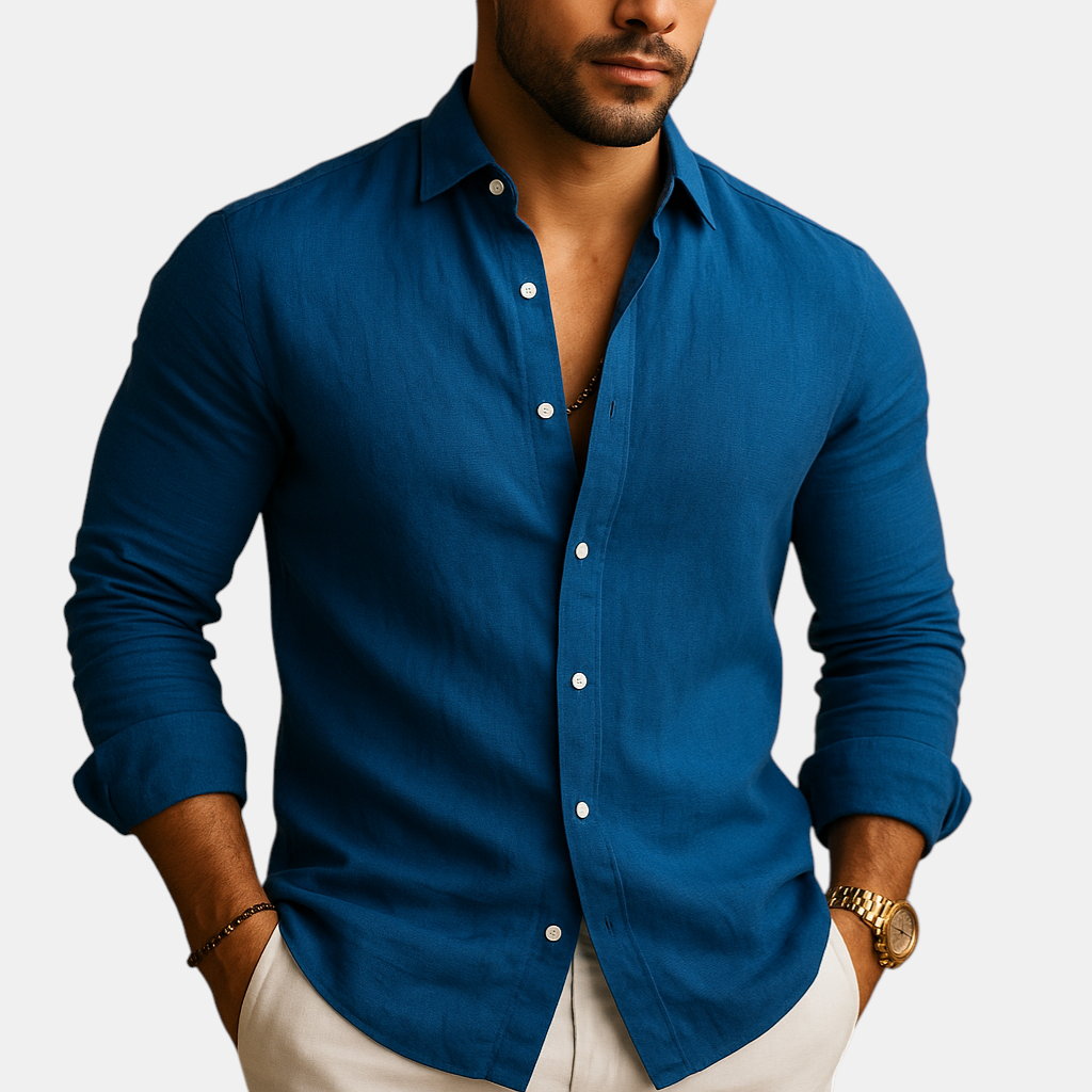 Linnen herenoverhemd in diverse kleuren met comfortabele pasvorm en ademende stof, ideaal voor casual en formele gelegenheden.