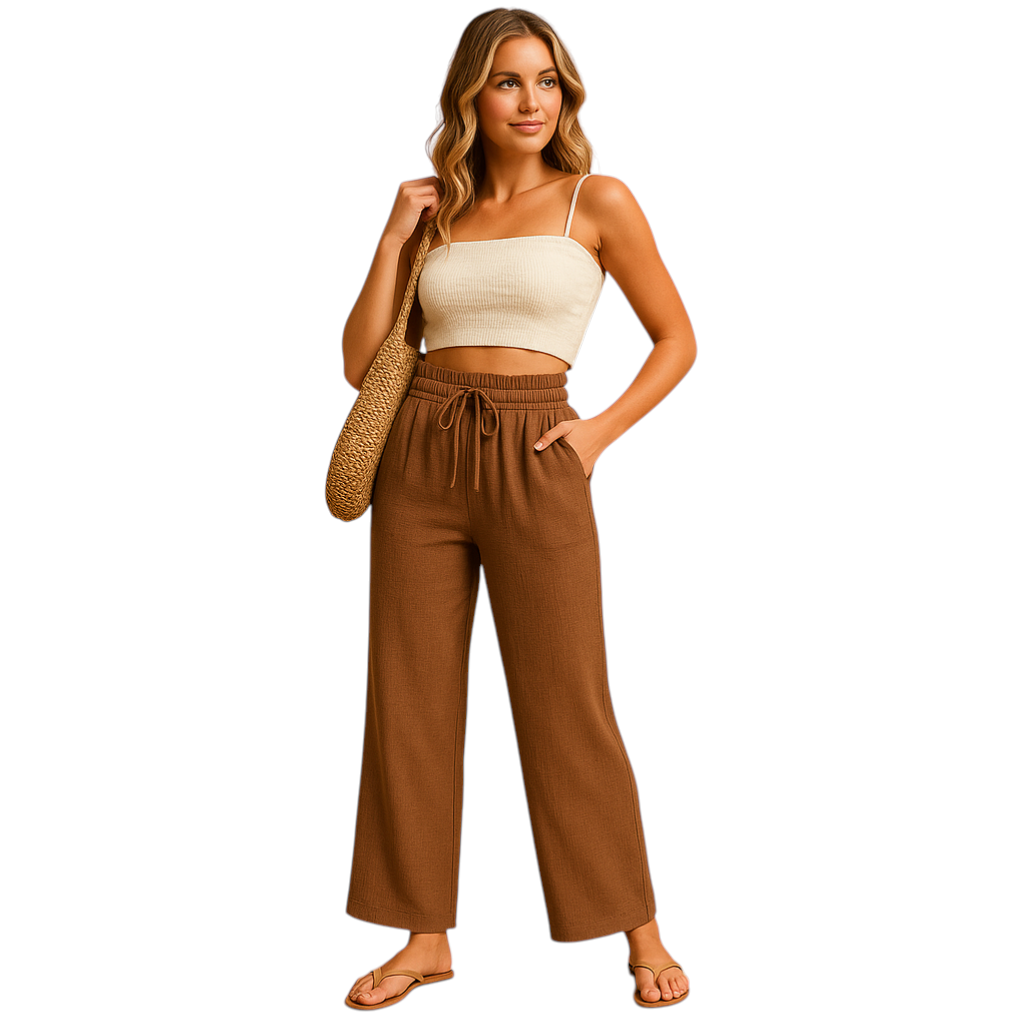 Dames loungebroek met hoge taille, rechte pijpen en soepele stof, perfect voor thuis, ontspanning of casual outfits.