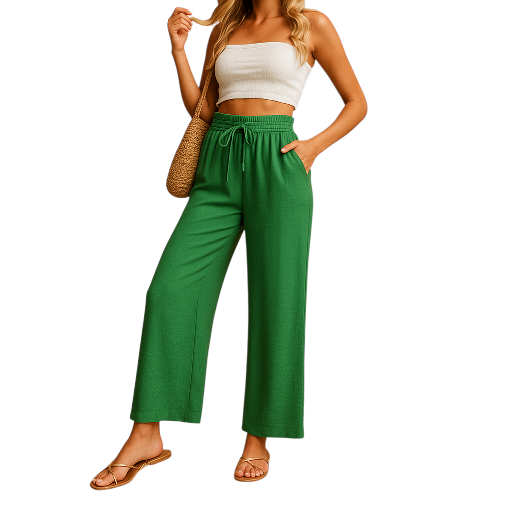 Dames loungebroek met hoge taille, rechte pijpen en soepele stof, perfect voor thuis, ontspanning of casual outfits.