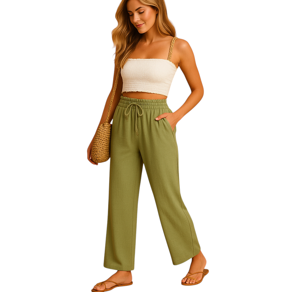Dames loungebroek met hoge taille, rechte pijpen en soepele stof, perfect voor thuis, ontspanning of casual outfits.