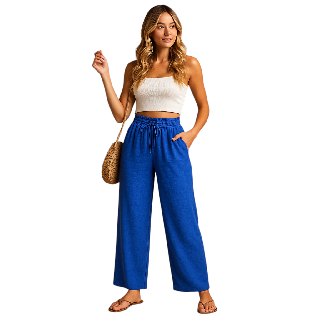 Dames loungebroek met hoge taille, rechte pijpen en soepele stof, perfect voor thuis, ontspanning of casual outfits.