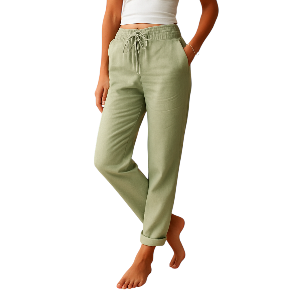 Dames loungebroek met hoge taille, rechte pijpen en soepele stof, perfect voor thuis, ontspanning of casual outfits.