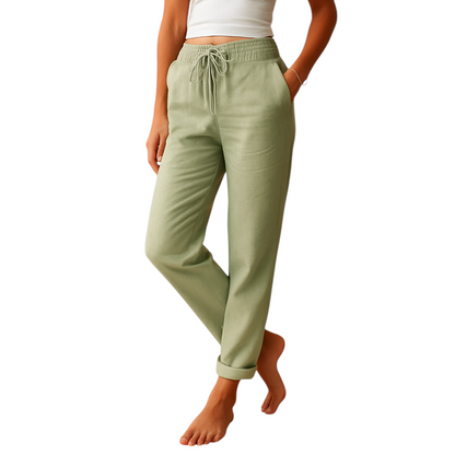 Dames loungebroek met hoge taille, rechte pijpen en soepele stof, perfect voor thuis, ontspanning of casual outfits.