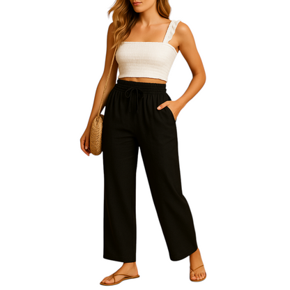 Dames loungebroek met hoge taille, rechte pijpen en soepele stof, perfect voor thuis, ontspanning of casual outfits.