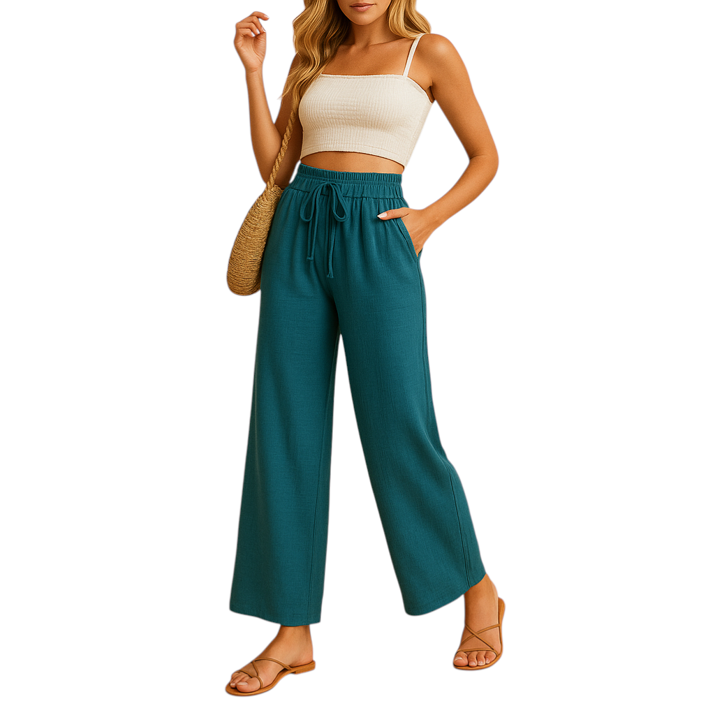 Dames loungebroek met hoge taille, rechte pijpen en soepele stof, perfect voor thuis, ontspanning of casual outfits.