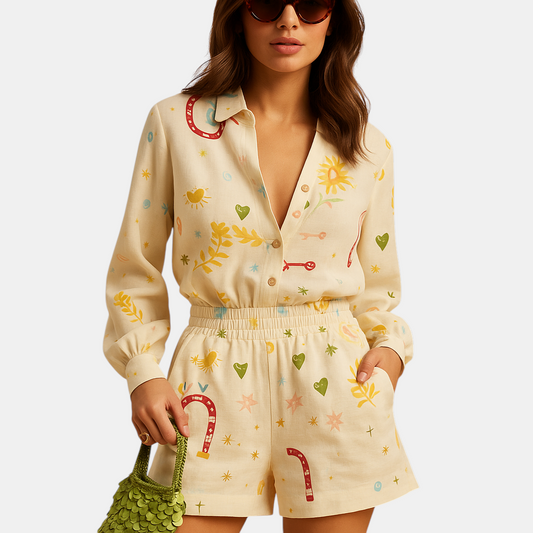 Loungewear set voor dames met losvallend overhemd en geprinte short, ideaal voor zomer en vakantie