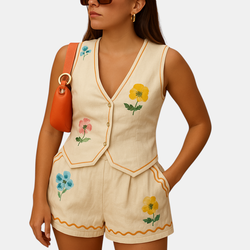 Loungewear set voor dames met losvallend overhemd en geprinte short, ideaal voor zomer en vakantie