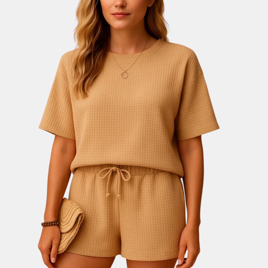 Comfortabele dames loungewear set met losse top en elastische short, ideaal voor casual momenten.