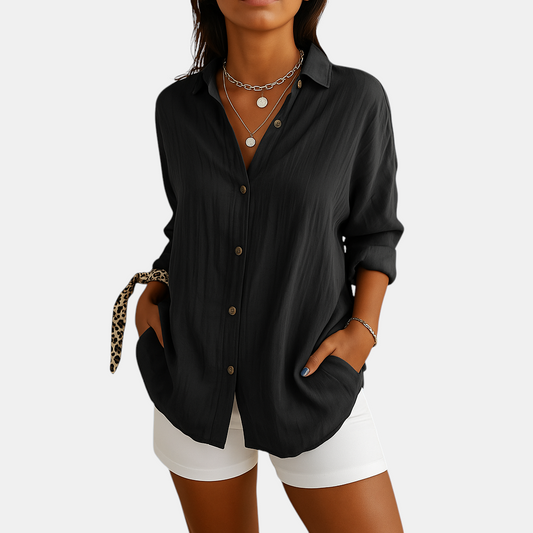 Damesblouse van luchtige katoen-linnenmix met comfortabele pasvorm, ideaal voor werk, vrije tijd of een avondje uit.
